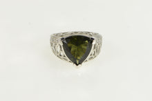 Load image into Gallery viewer, 14K Trillion Green Stone Ornate Floral Cocktail Ring White Gold