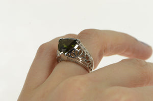 14K Trillion Green Stone Ornate Floral Cocktail Ring White Gold