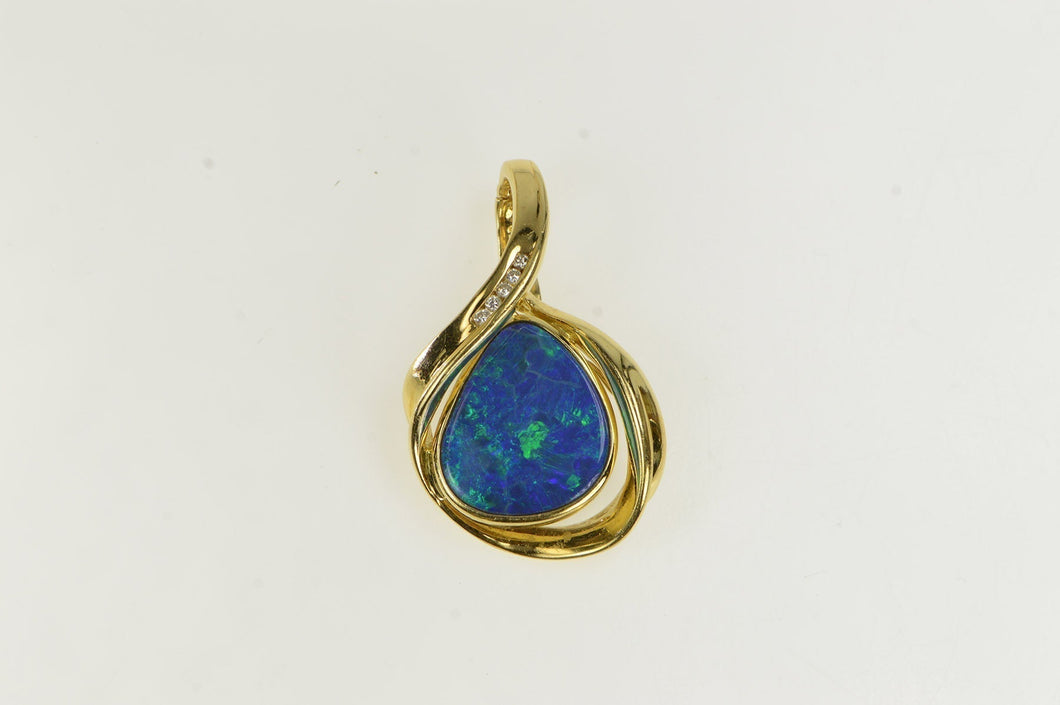 18K Natural Black Opal Diamond Loop Statement Pendant Yellow Gold