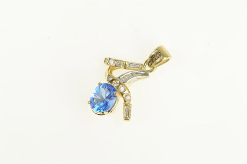 14K Oval Blue Topaz Diamond Freeform Pendant Yellow Gold