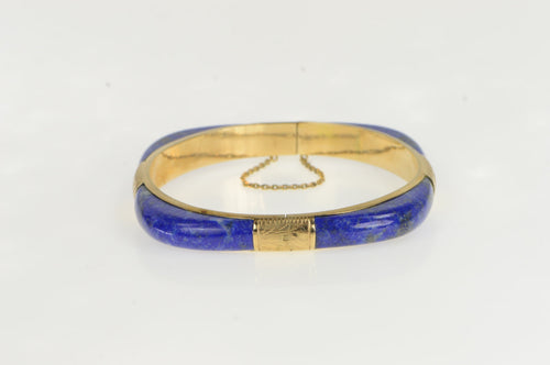 14K Ornate Lapis Lazuli Leaf Engraved Bangle Bracelet 7