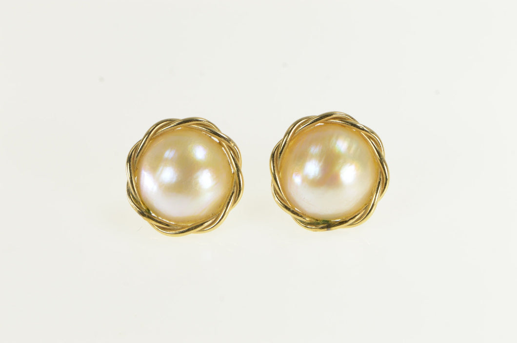 14K 12.3mm Pearl Twist Trim Vintage Stud Earrings Yellow Gold