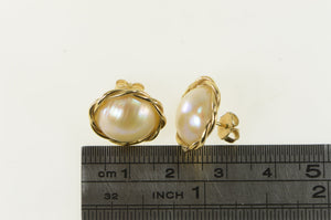 14K 12.3mm Pearl Twist Trim Vintage Stud Earrings Yellow Gold