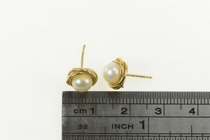 14K 6.2mm Vintage Pearl Twist Trim Stud Earrings Yellow Gold