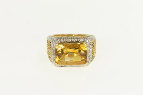14K Squared Citrine Sapphire Diamond Cocktail Ring Yellow Gold