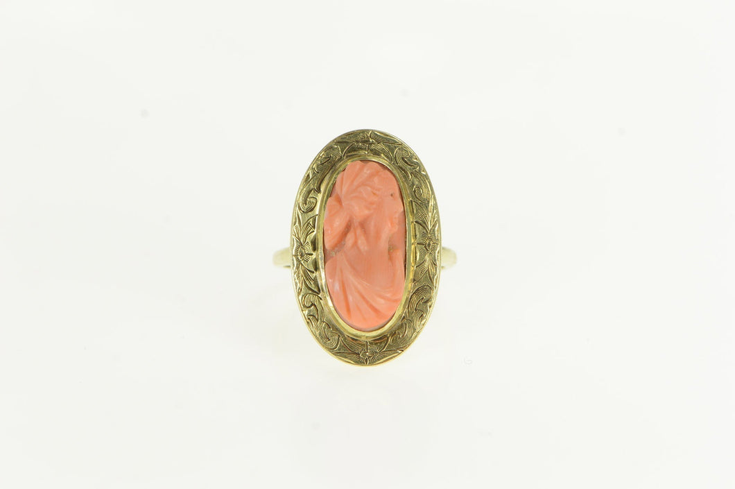 14K Victorian Coral Carved Cameo Engraved Oval Ring Yellow Gold