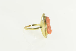 14K Victorian Coral Carved Cameo Engraved Oval Ring Yellow Gold