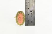 Load image into Gallery viewer, 14K Victorian Coral Carved Cameo Engraved Oval Ring Yellow Gold