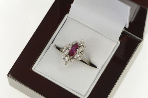 18K Marquise Ruby Diamond Halo Cluster Vintage Ring White Gold