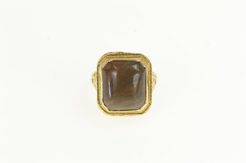 14K Art Deco Brown Agate Cabochon Ornate Filigree Ring Yellow Gold