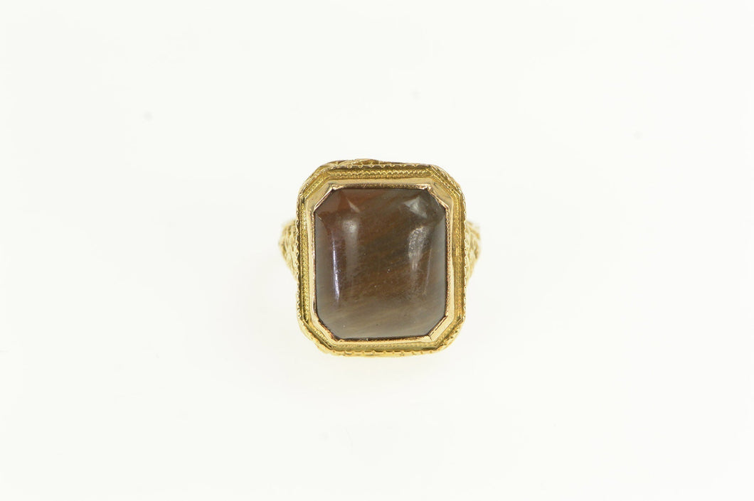 14K Art Deco Brown Agate Cabochon Ornate Filigree Ring Yellow Gold