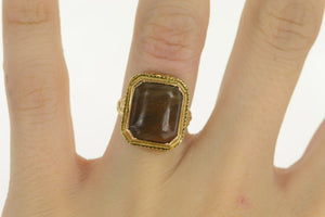 14K Art Deco Brown Agate Cabochon Ornate Filigree Ring Yellow Gold