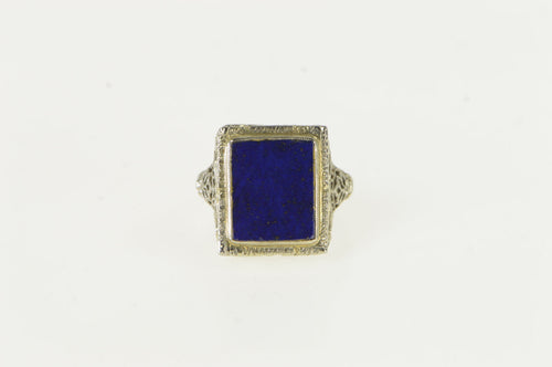 18K Art Deco Lapis Lazuli Filigree Squared Ring White Gold