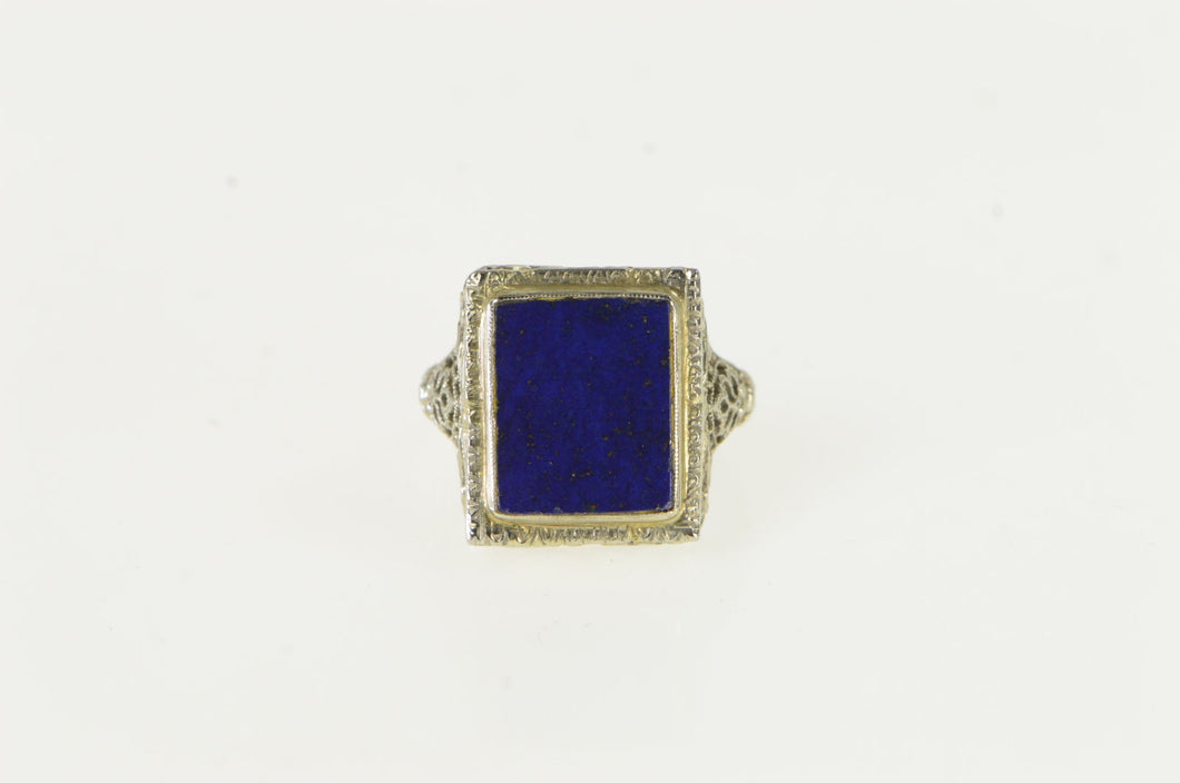 18K Art Deco Lapis Lazuli Filigree Squared Ring White Gold
