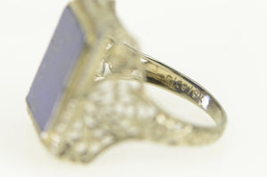 18K Art Deco Lapis Lazuli Filigree Squared Ring White Gold