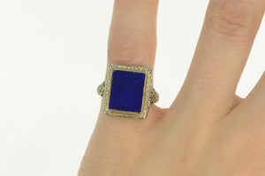 18K Art Deco Lapis Lazuli Filigree Squared Ring White Gold