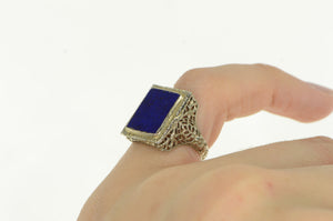 18K Art Deco Lapis Lazuli Filigree Squared Ring White Gold