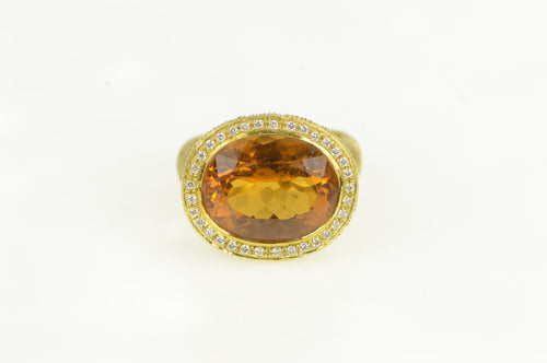 18K Oval Citrine Diamond Halo Elaborate Textured Ring Yellow Gold