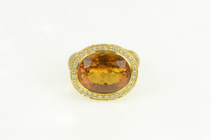 18K Oval Citrine Diamond Halo Elaborate Textured Ring Yellow Gold