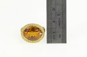 18K Oval Citrine Diamond Halo Elaborate Textured Ring Yellow Gold