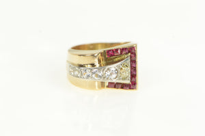 14K Art Deco Diamond Sapphire Ruby Buckle Ring Yellow Gold