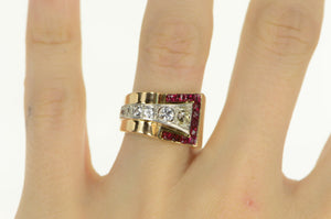 14K Art Deco Diamond Sapphire Ruby Buckle Ring Yellow Gold