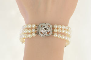 14K 1940's Diamond Pearl Ornate Swirl Layered Bracelet 8" White Gold