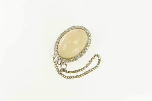 18K Oval Coral Cabochon Diamond Halo Clasp White Gold
