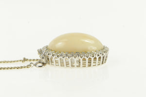 18K Oval Coral Cabochon Diamond Halo Clasp White Gold