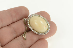 18K Oval Coral Cabochon Diamond Halo Clasp White Gold