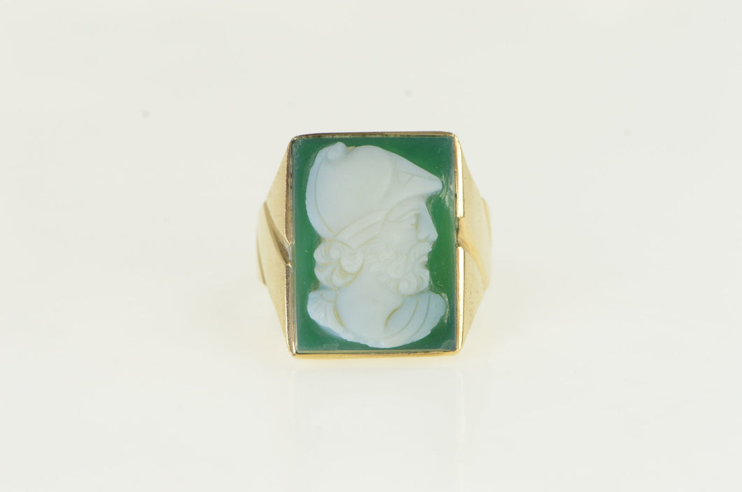 10K Green Agate Carved Soldier Cameo Ring Yellow Gold