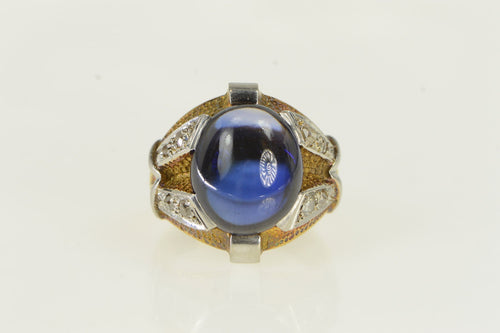 18K 1940's Oval Syn. Sapphire Diamond Ring Yellow Gold