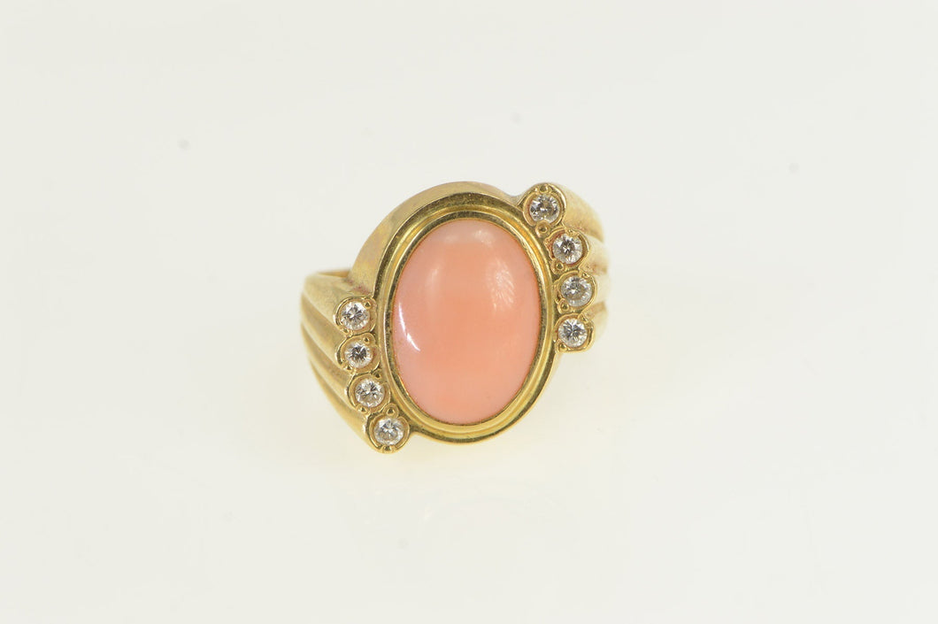 14K 1960's Ornate Coral Diamond Statement Ring Yellow Gold