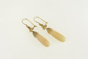 14K Retro Coral Drop Floral Ornate Dangle Earrings Yellow Gold