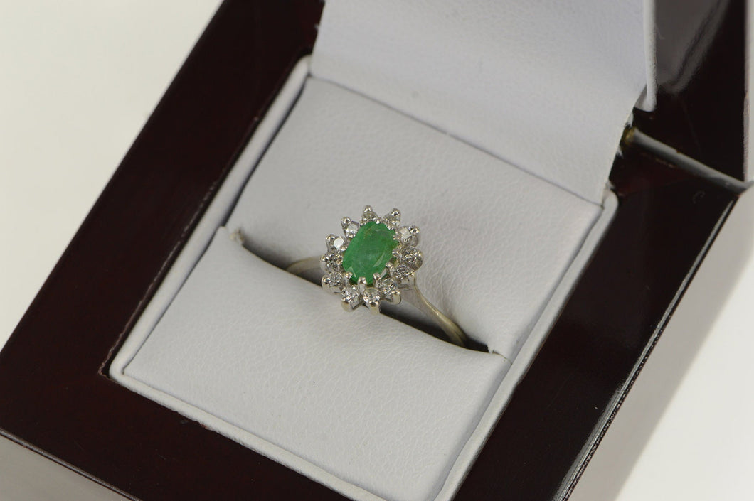 14K Oval Emerald Diamond Halo Engagement Ring White Gold