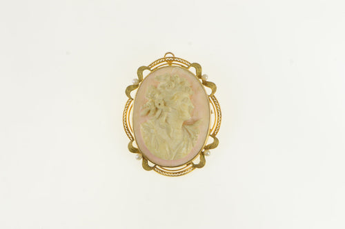 10K Ornate Pearl Carved Coral Lady Cameo Pin/Brooch Yellow Gold