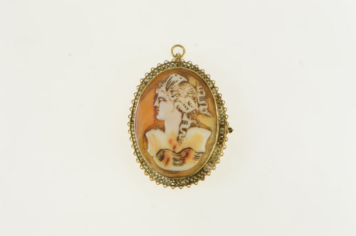10K Vintage Coral Cameo Seed Pearl Pendant/Pin Yellow Gold