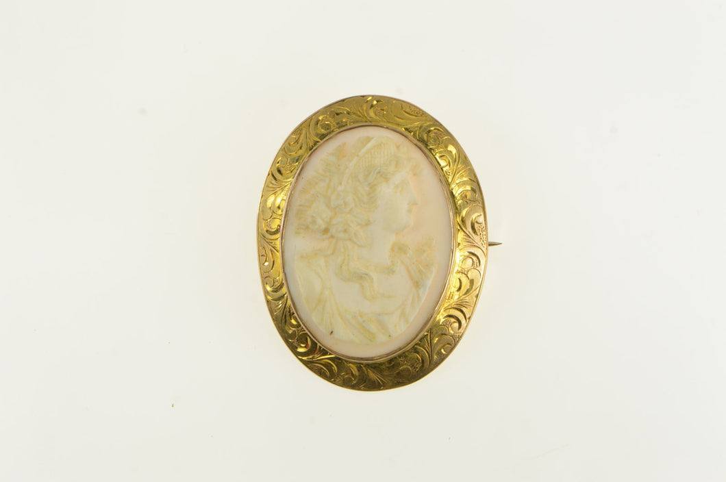 10K Victorian Shell Cameo Seed Pearl Pendant/Pin Yellow Gold