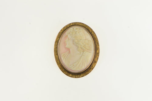 10K Victorian Engraved Coral Cameo Lady Pendant Yellow Gold