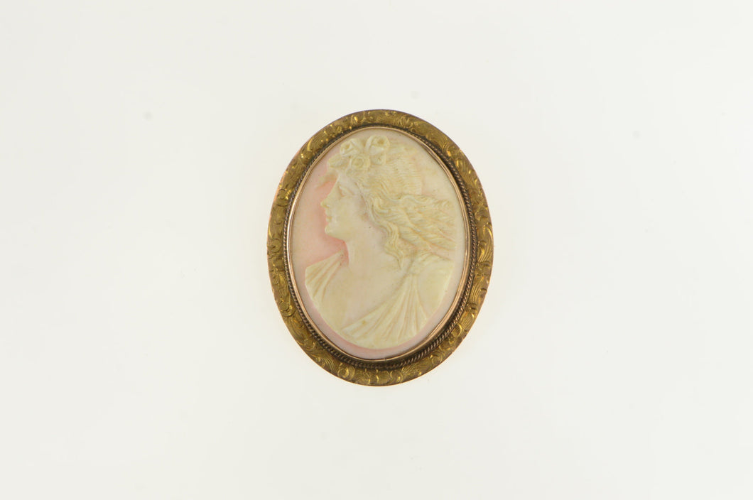 10K Victorian Engraved Coral Cameo Lady Pendant Yellow Gold