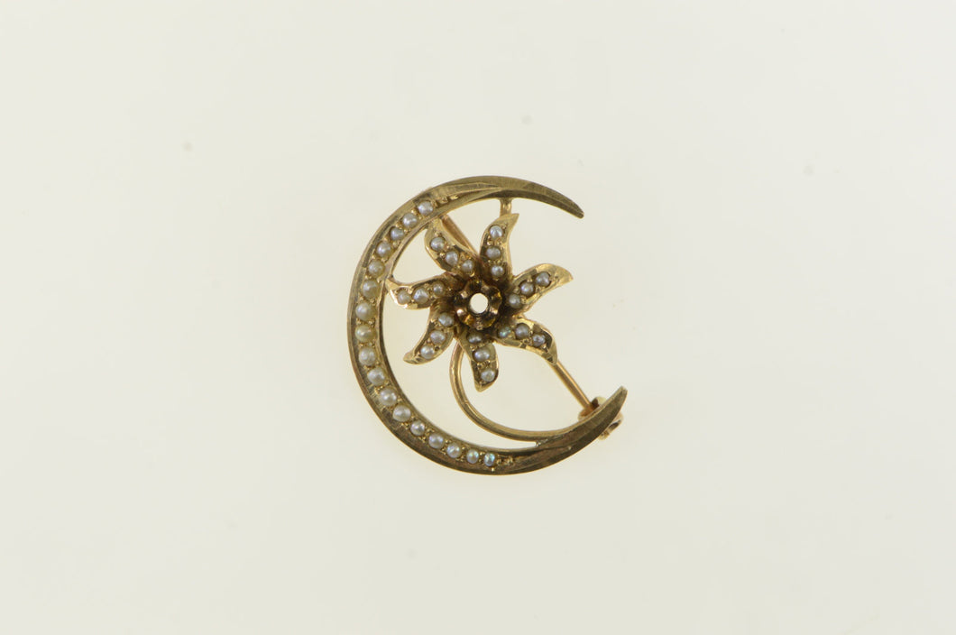 10K Victorian Crescent Moon Flower Pearl Pin/Brooch Yellow Gold