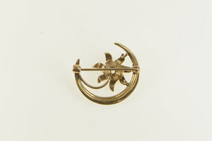 10K Victorian Crescent Moon Flower Pearl Pin/Brooch Yellow Gold