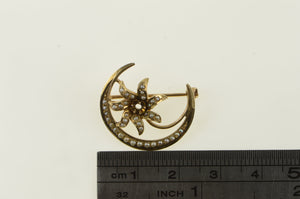 10K Victorian Crescent Moon Flower Pearl Pin/Brooch Yellow Gold