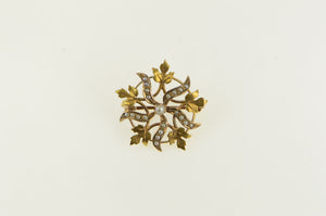 10K Victorian Seed Pearl Ornate Flower Leaf Pin/Brooch Yellow Gold