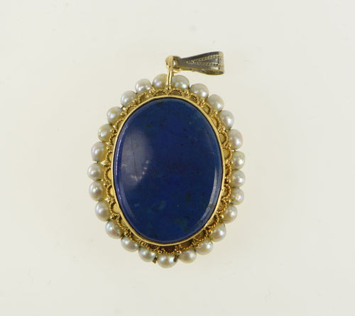 18K Ornate Lapis Lazuli Pearl Reversible Pendant Yellow Gold