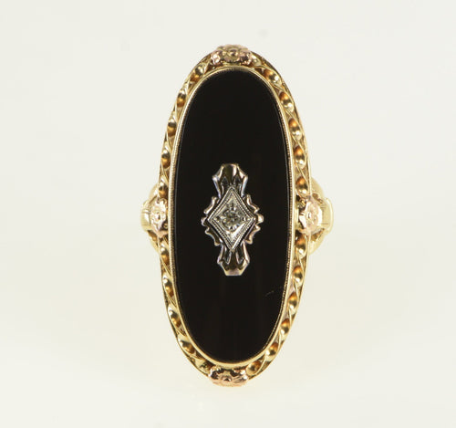 10K Ornate Black Onyx Diamond Statement Ring Yellow Gold