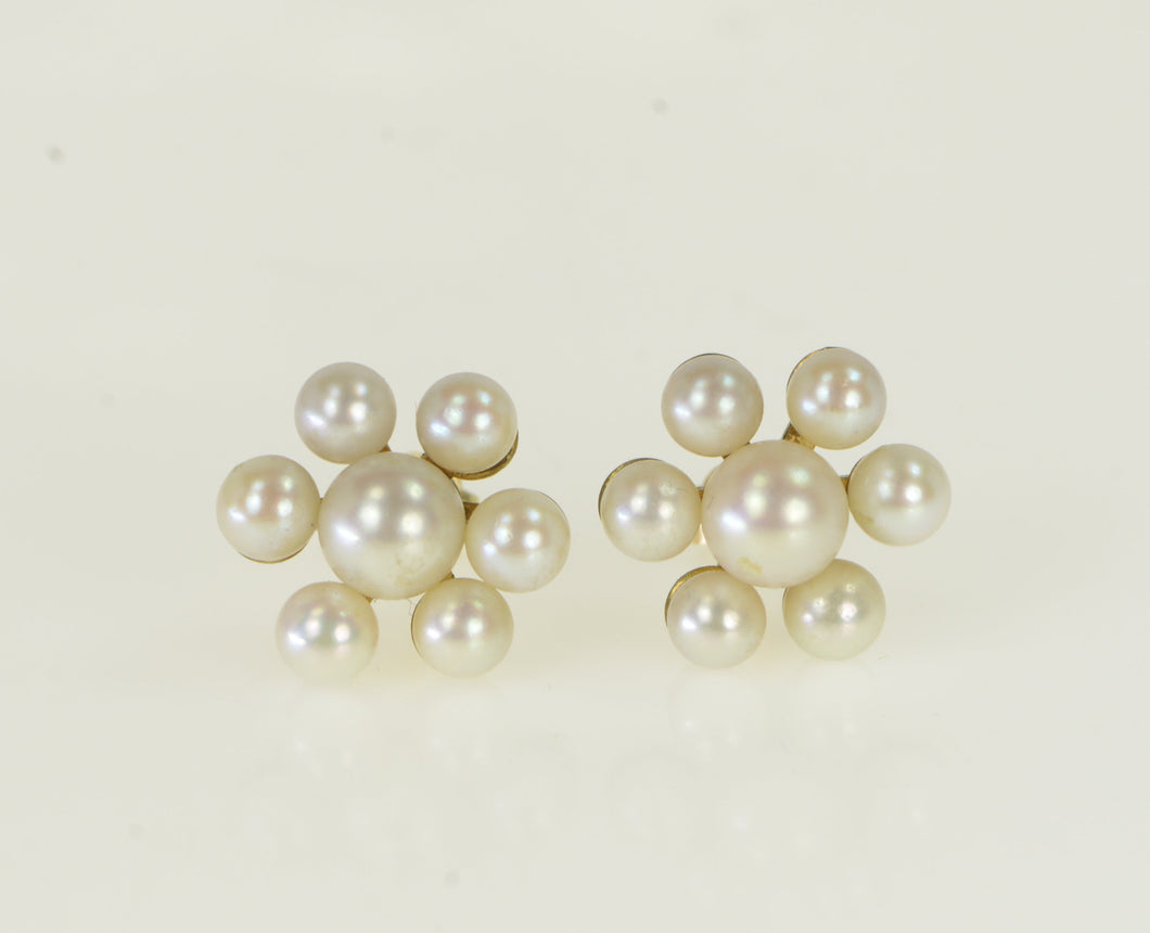 14K 1950's Vintage Pearl Flower Cluster Earrings Yellow Gold