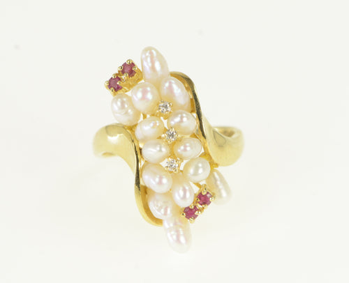 14K Pearl Vintage Ruby Diamond Cluster Ring Yellow Gold