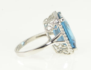 10K Radiant Cut Blue Topaz Ornate Cocktail Ring White Gold