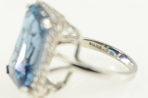 10K Radiant Cut Blue Topaz Ornate Cocktail Ring White Gold